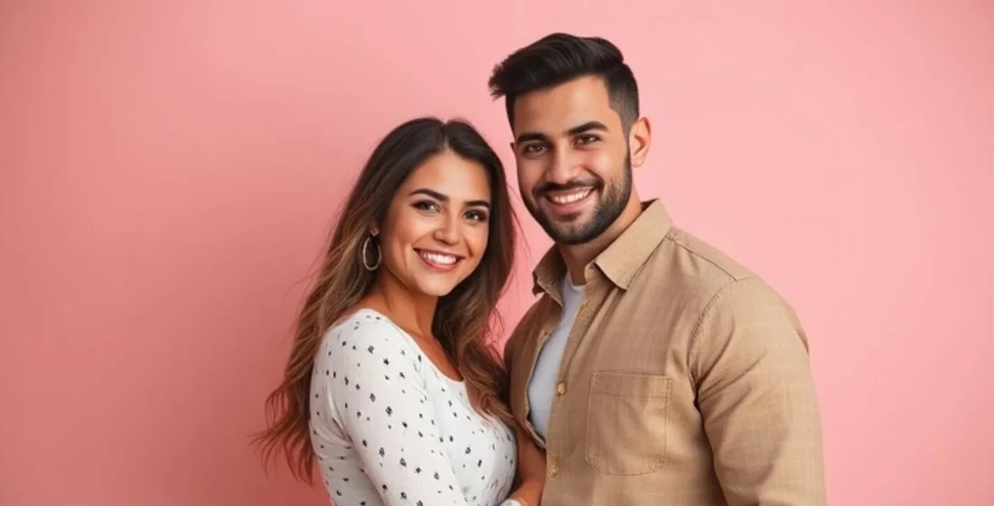 Two adults standing together against a pink background